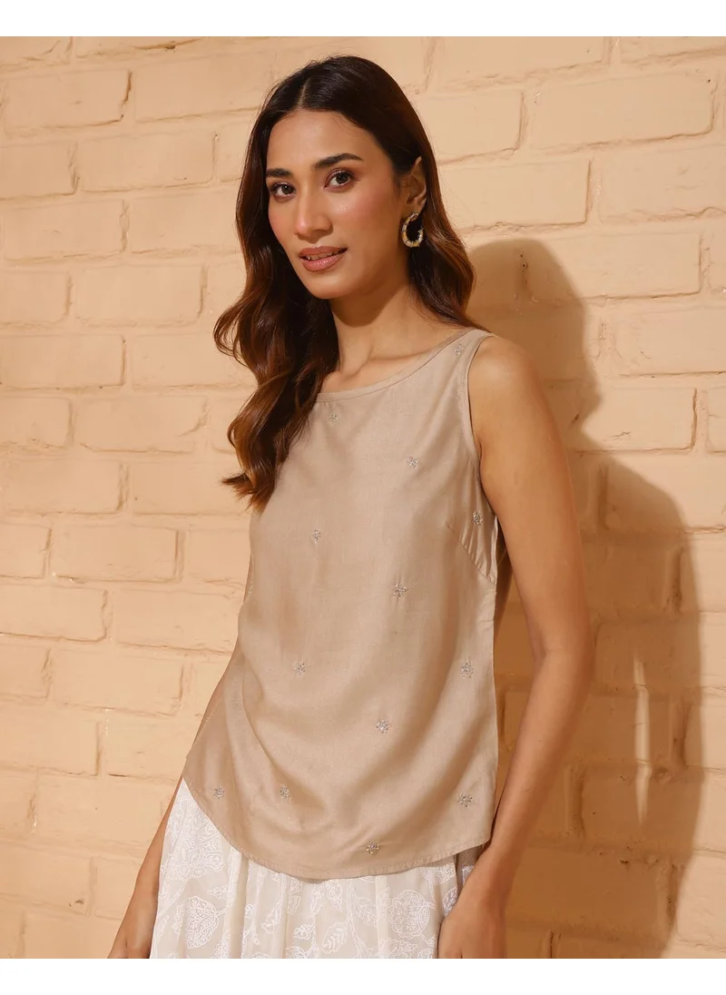 Fabindia Beige Viscose Silk Embroidered Top