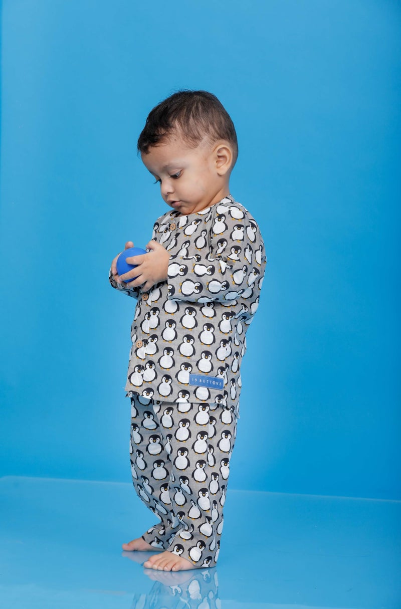 15 BUTTONS Icy Penguin Sleep Suit for Boys | 100% Organic Cotton | Penguin Print Design with Full Sleeves | Printed Top and Pajama Set | Soft & Comfortable Nightwear | Perfect for Sleep and Relaxation - Image 3