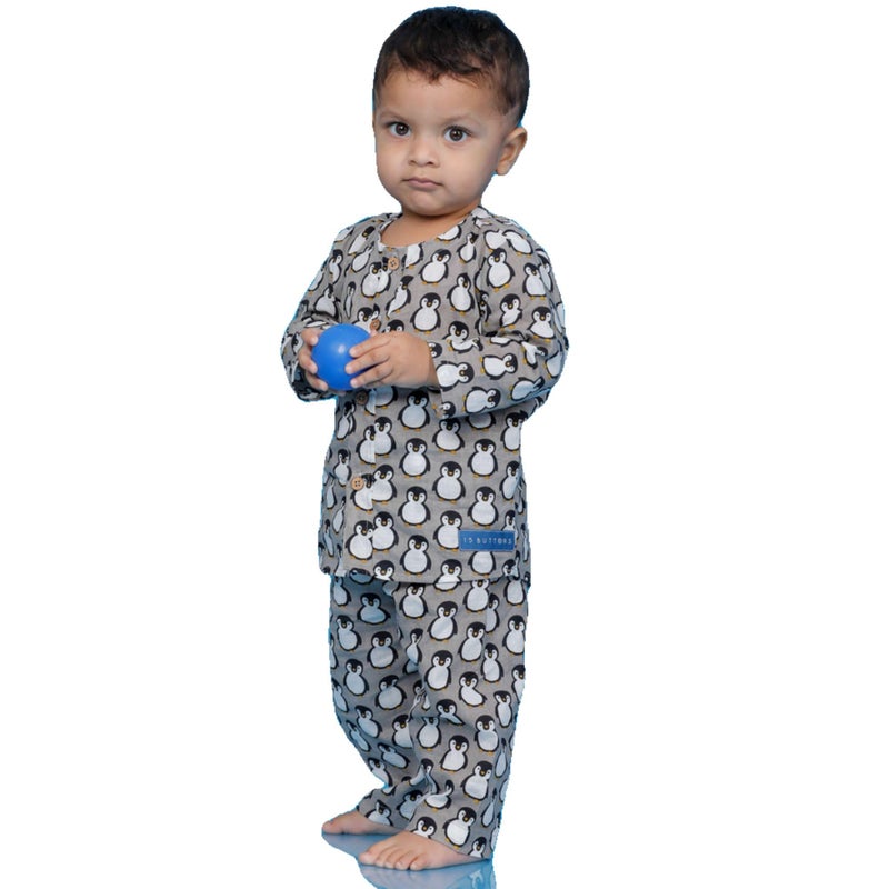 15 BUTTONS Icy Penguin Sleep Suit for Boys | 100% Organic Cotton | Penguin Print Design with Full Sleeves | Printed Top and Pajama Set | Soft & Comfortable Nightwear | Perfect for Sleep and Relaxation - Image 1