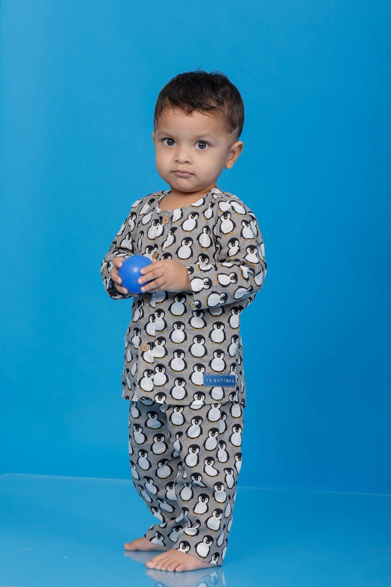 15 BUTTONS Icy Penguin Sleep Suit for Boys | 100% Organic Cotton | Penguin Print Design with Full Sleeves | Printed Top and Pajama Set | Soft & Comfortable Nightwear | Perfect for Sleep and Relaxation - Image 2