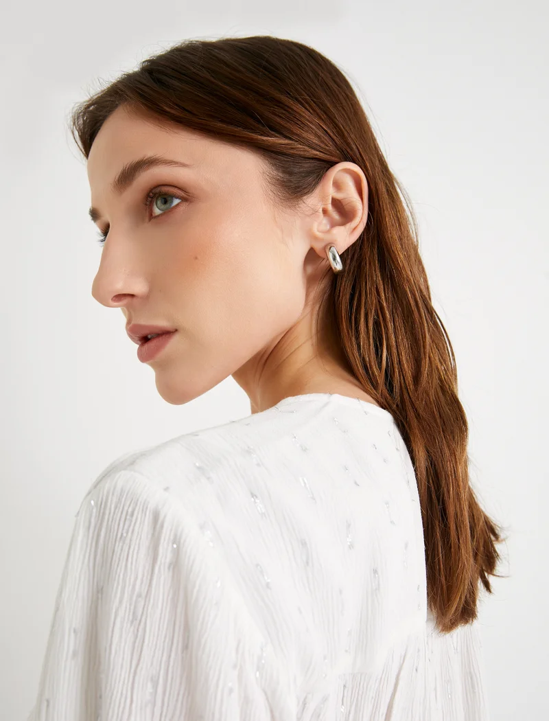 كوتون Mandarin Collar Puff Sleeve Oversized Shirt