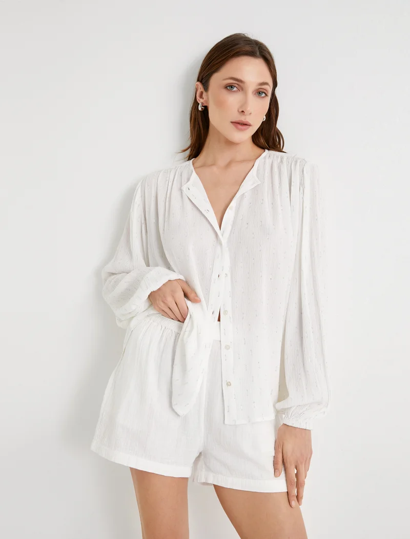 كوتون Mandarin Collar Puff Sleeve Oversized Shirt