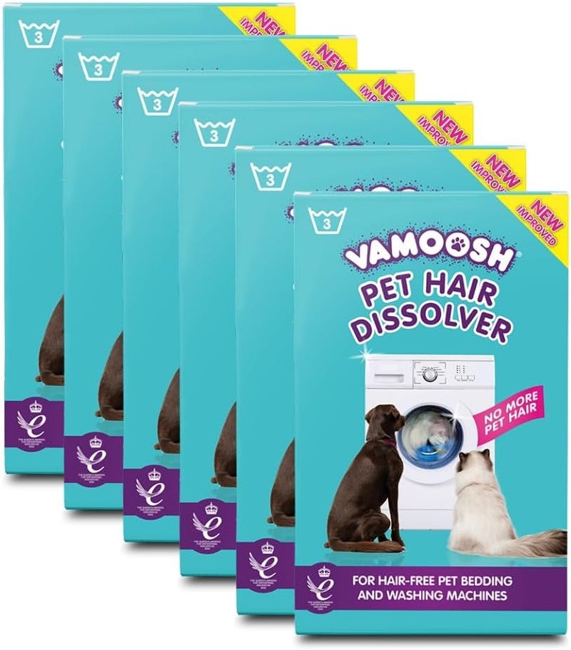 فاموش محلول تفكيك شعر الحيوانات الأليفة Vamoosh - مزيل شعر الحيوانات الأليفة للغسالات، 18 عبوة × 100 جرام (6 صناديق)، يزيل الروائح الكريهة ويذيب شعر الكلاب والقطط والخيول والحيوانات الأخرى، ينظف أغطية الحيوانات الأليفة داخل الغسالة، سهل الاستخدام، يمكن استخدامه حتى 18 مرة. - Image 1