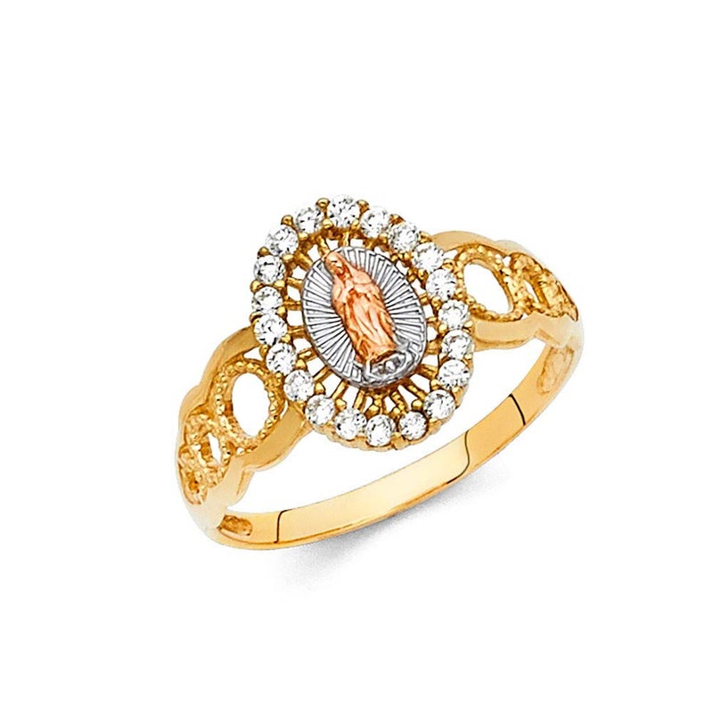 Savlano 18K Gold Plated Yellow White & Rose Tri Color Lady of Guadalupe Virgin Mary with Round Cut Cubic Zirconia Women Religious Ring (9) - Image 2