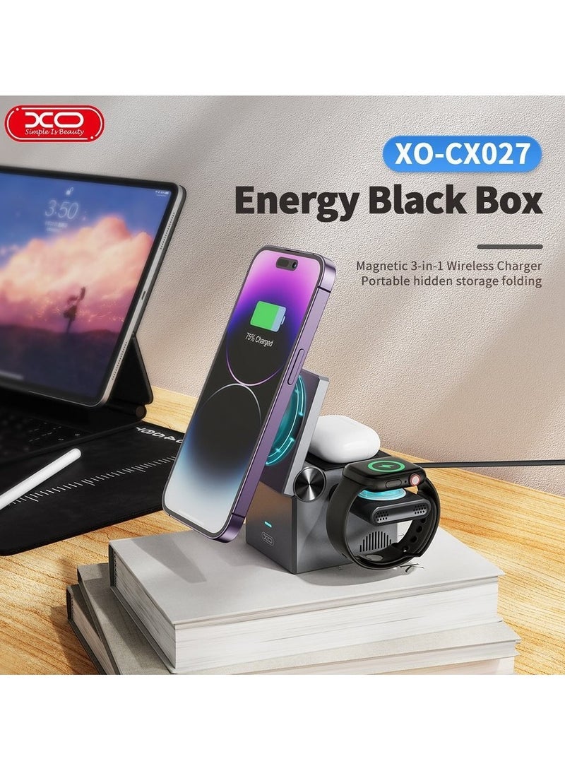 XO CX027 Magnetic Wireless  3-in-1 Charging Station Pocket Sized Powerhouse Compact For Travel With Fast Charging - Image 3