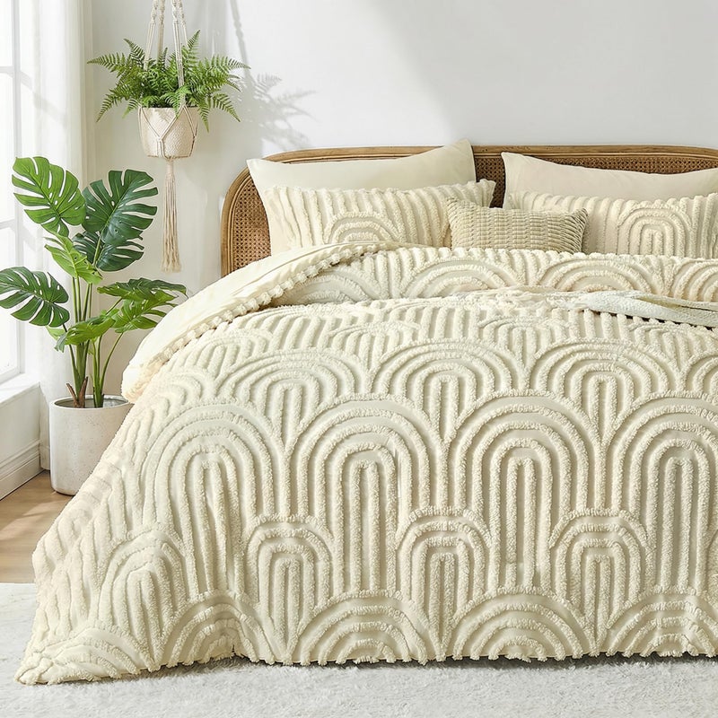 Nesker Boho Tufted Queen Comforter Set, 7 Pcs Beige Bedding Sets, Soft Cozy Chic Bed in a Bag, Arch Pattern Shabby Bed Set All Season with Comforter, Fitted Sheet, Flat Sheet & Pillowcases - Image 1