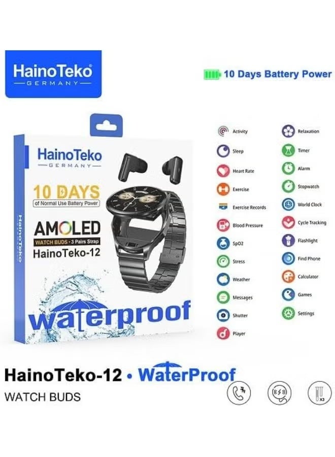 Haino Teko HainoTeko HainoTeko12 Smartwatch with Built-in Wireless Earbuds, Waterproof, AMOLED Display, 3 Straps, Fitness & Call Watch for Men – Black - Image 3