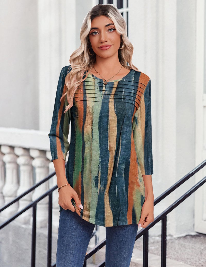 Zeagoo Beach Vacation Clothes for Women 3/4 Sleeve Tops Pleated Front Loose Fit Tunic Top Crewneck Business Dressy Blouse - Image 2
