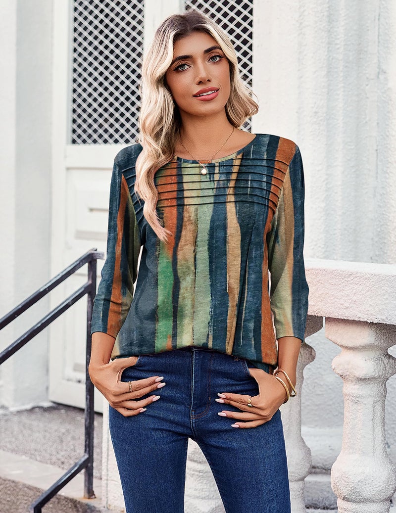 Zeagoo Beach Vacation Clothes for Women 3/4 Sleeve Tops Pleated Front Loose Fit Tunic Top Crewneck Business Dressy Blouse - Image 3