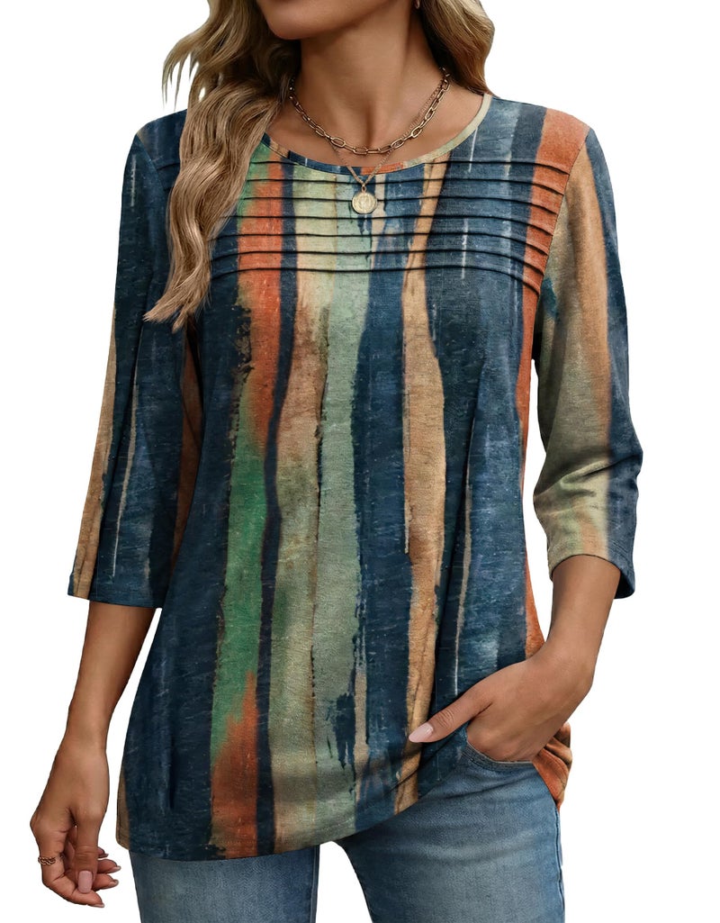 Zeagoo Beach Vacation Clothes for Women 3/4 Sleeve Tops Pleated Front Loose Fit Tunic Top Crewneck Business Dressy Blouse - Image 1