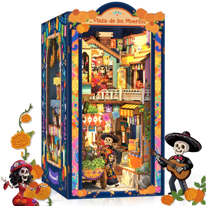 CUTEBEE Book Nook Kit DIY Miniature House Kit for Adults 3D Wooden Puzzle Bookshelf Insert Decor Day of the Dead Booknook Mexican Folklore LED Miniature Kit Unique Gifts Plaza de Los Muertos - Image 3