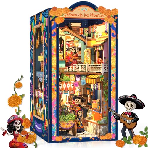 CUTEBEE Book Nook Kit DIY Miniature House Kit for Adults 3D Wooden Puzzle Bookshelf Insert Decor Day of the Dead Booknook Mexican Folklore LED Miniature Kit Unique Gifts Plaza de Los Muertos - Image 1