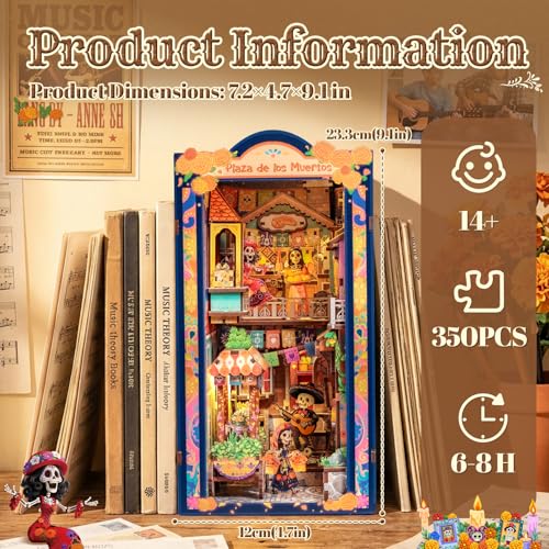 CUTEBEE Book Nook Kit DIY Miniature House Kit for Adults 3D Wooden Puzzle Bookshelf Insert Decor Day of the Dead Booknook Mexican Folklore LED Miniature Kit Unique Gifts Plaza de Los Muertos - Image 5