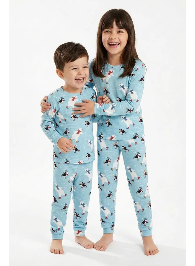 zuzunga Unisex Interlock Baby Blue Christmas-Themed Pajama Set