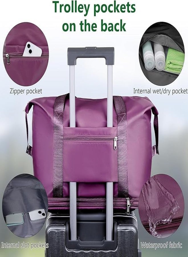 BRIKSHI Foldable Duffle Bag for Travelling | Waterproof and Large Travel Bag for Women Luggage | Expandable & Multipurpose Large Capacity Weekender Carry Bag for Women Travel | Dark Purple Wheel - Image 3