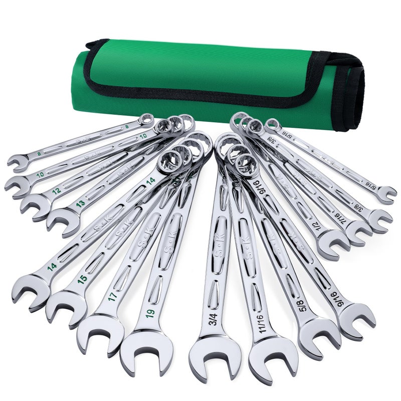 SK Combination Wrench Set SAE 516 to 34 Metric 8 10 12 13 14 15 17 19mm 16Piece SuperKrome Finish Premium CRV Construction with Rolling Pouch
