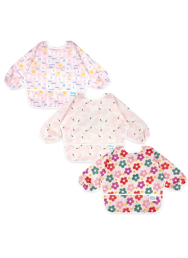 Baby Noah Baby Noah 3 Pcs Long Sleeved Bib Set | Waterproof Bibs with Pocket Bundle | Toddler Bib with Sleeves and Crumb Catcher | Stain and Odor Resistance Play Smock Apron - Pack of 3 | 6-24 Months  - Image 1