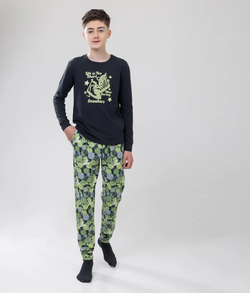 Baykar Boy's Cotton Printed Crew Neck Long Sleeve Cuffed Pajama Set 9608 Green