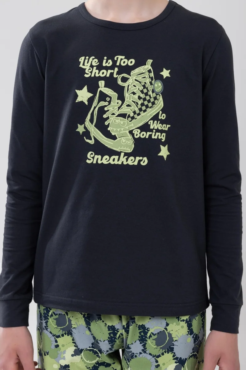 Baykar Boy's Cotton Printed Crew Neck Long Sleeve Cuffed Pajama Set 9608 Green