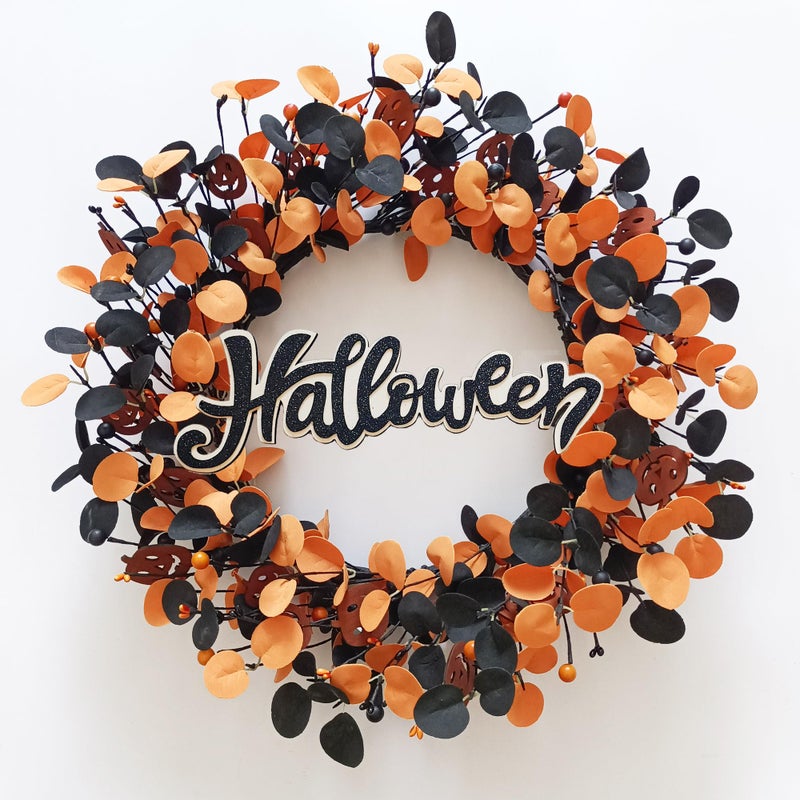 TOKCARE Halloween Wreaths for Front Door22 inch Pumpkin Wreath Fall Decorations for Home with Wood Pumpkins Thanksgiving Decorations with Glitter Sign
