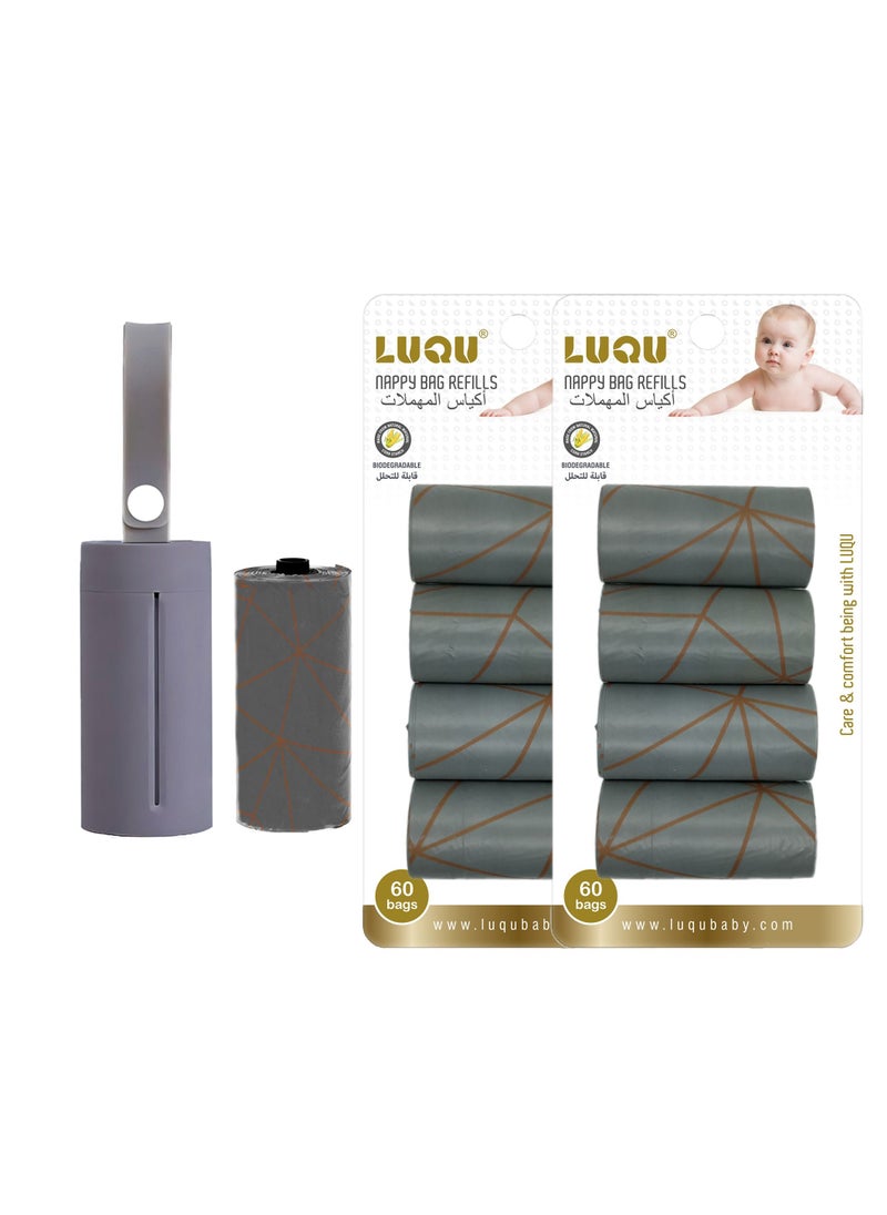 LuQu Baby Disposable Diaper Bags, Biodegradable Waste Bags 10 Refill Rolls/150 Bags with Dispenser, Convenient and Quick Diaper Disposal, Unscented(GRAY)  - Image 1