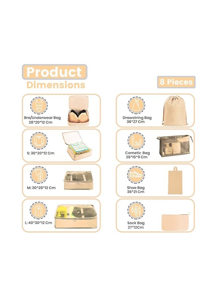 AARZOU Travel Organizer, 8Pcs, Beige - Waterproof Clothes Organizer with Makeup & Shoe Bag – Nylon Fabric Travel Bag - Durable Zipper, Lightweight & Tear-Resistant - Perfect for Travel (Beige) - Image 2