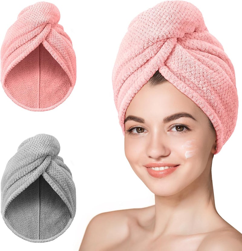 Hicober Microfiber Hair Towel, 2Packs Super Absorbent Hair Wrap Turban, Head Plopping Towels Sleep Cap Bath Towels Shower Essentials (Pink,Grey) - Image 1