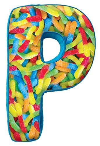 iscream Lettermania P Initial 16" Gummy Worms Print Fleece Back Microbead Pillow - Image 1