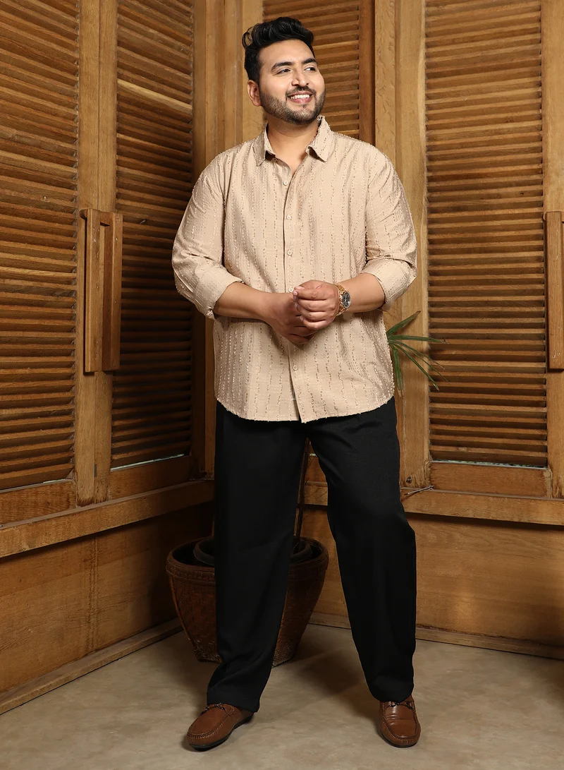 Instafab Plus  Instafab Plus Men's Khaki Beige Wicker-Tactile Shirt For Casual Wear | Spread Collar | Long Cuffed Sleeves | Button Closure | Plus Size Shirt Crafted With Comfort Fit For Everyday Wear for Men | Best Price UAE
