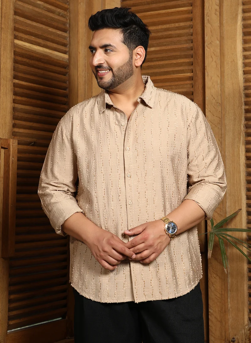Instafab Plus Instafab Plus Men's Khaki Beige Wicker-Tactile Shirt For Casual Wear | Spread Collar | Long Cuffed Sleeves | Button Closure | Plus Size Shirt Crafted With Comfort Fit For Everyday Wear