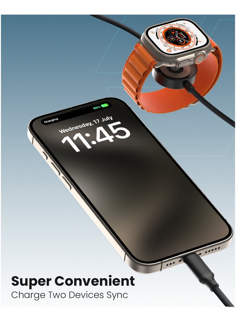 Moxedo كابل شحن موكسييدو 2 في 1 60 واط PD شاحن لاسلكي للساعات مع كابل نايلون مضفر USB-C إلى USB-C متوافق مع ساعة آي ووتش سلسلة 10/9/8/7/6/5/4/3/2/SE/ألترا سلسلة - Image 3