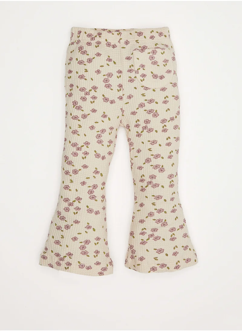 ديفاكتو Flared Floral Print Elastic Waist Ribbed Long Pants