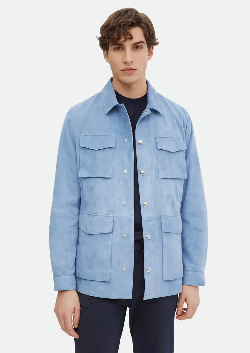 RAMSEY Light Blue Regular Fit Shirt Collar Casual Suede Leather Coat