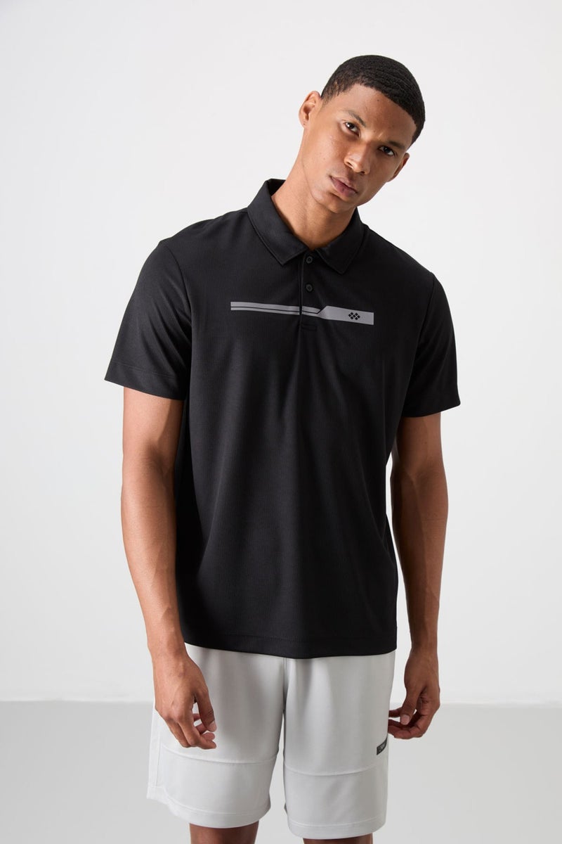 Tommy Life Tommy Life Black Polyester Breathable Textured Thin Flexible Standard Fit Polo Collar Men's Performance T-Shirt - 88393  - Image 1