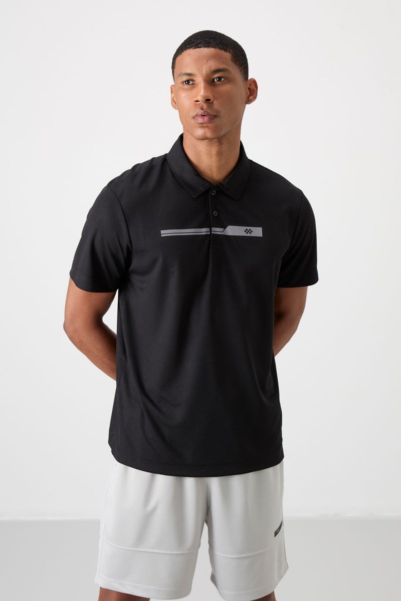 Tommy Life Tommy Life Black Polyester Breathable Textured Thin Flexible Standard Fit Polo Collar Men's Performance T-Shirt - 88393  - Image 3