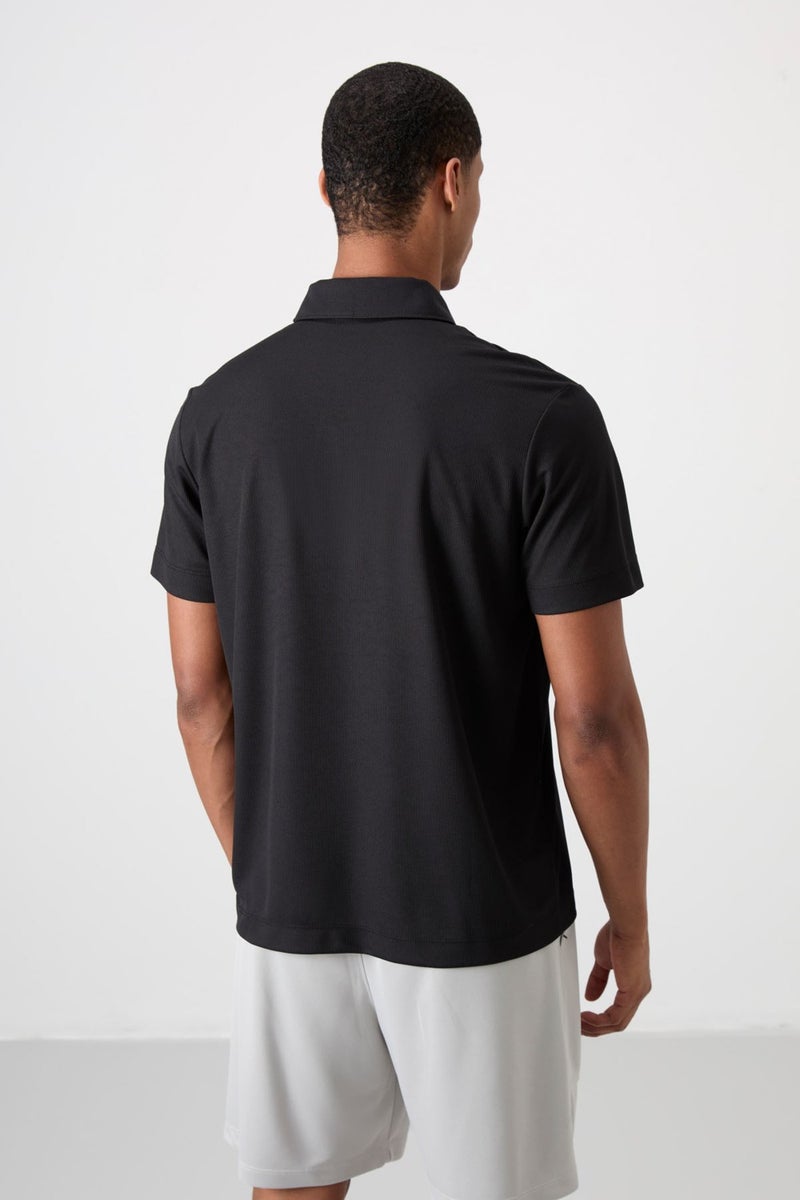 Tommy Life Tommy Life Black Polyester Breathable Textured Thin Flexible Standard Fit Polo Collar Men's Performance T-Shirt - 88393  - Image 5