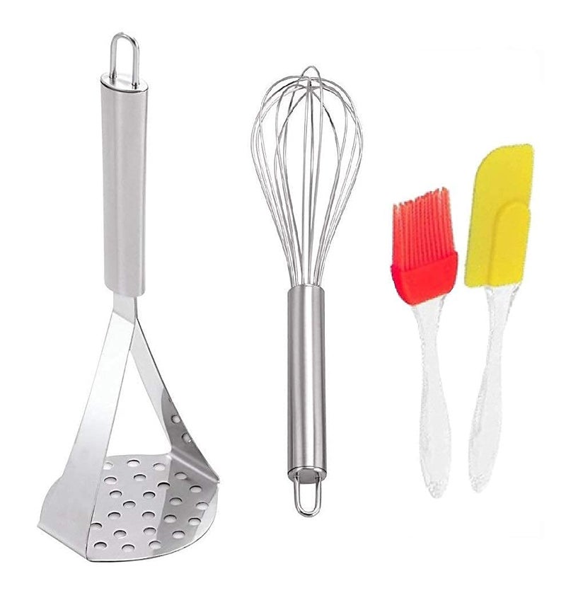 SATMPD Special Kitchen Combo Set of 3 Potato Vegetable Masher / Egg Beater Whisk & Oil Brush Cum Spatula Set ( Stainless Steel ) - Image 1
