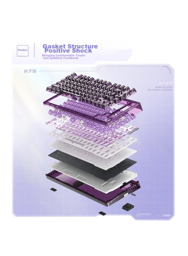 Thunderobot K75 Purple Transparent Tri-mode Wireless Mechanical Keyboard, Bluetooth/wireless/wired, Highly Transparent Customizable Full-key Hot-swappable Gaming Home Office Keyboard, Moon Switch - Image 2