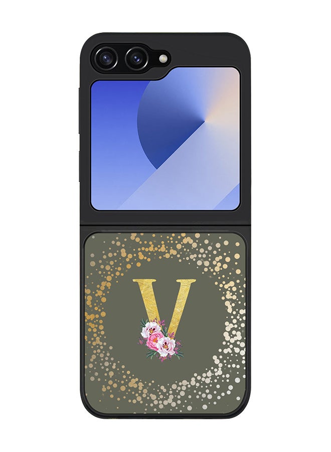 Stylizedd Rugged Black edge case for Samsung Galaxy Z Flip6, Slim fit Case Cover - Custom Monogram Initial Letter Floral Pattern Alphabet - V (Olive Green ) - Image 1