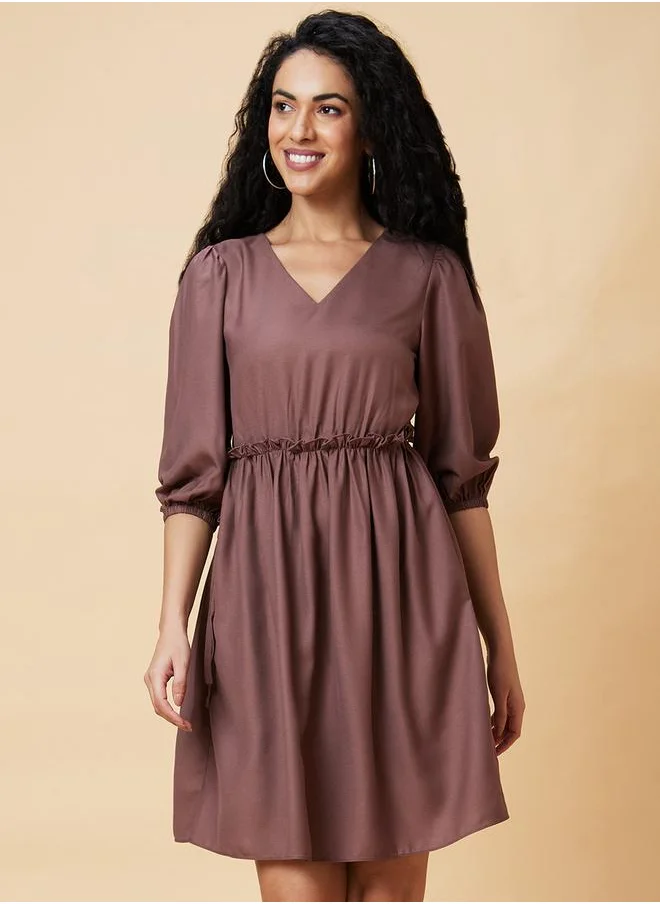 جلو باص Solid V-Neck Puff Sleeve A-Line Mini Dress