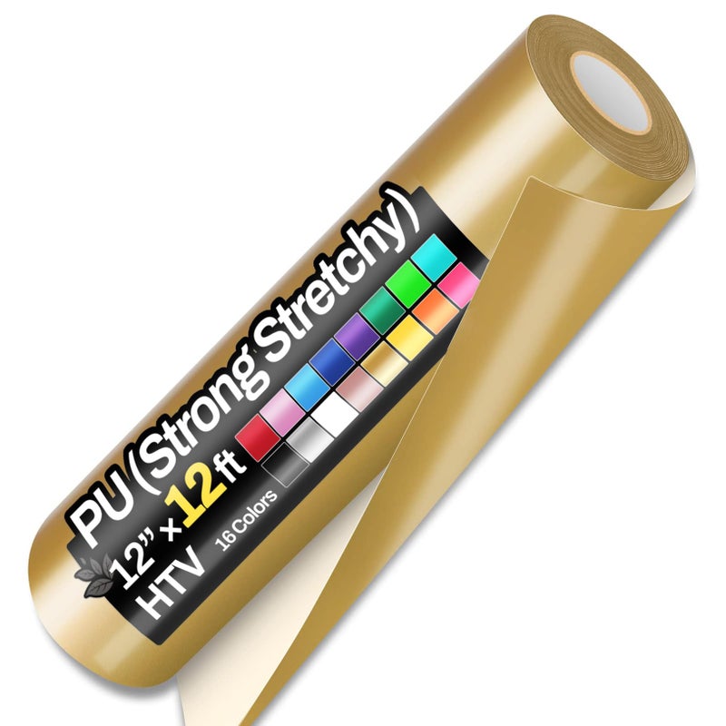 Sooez 12" x 12ft Heat Transfer Vinyl Rolls, Strong Stretchy PU HTV Gold for Shirts, Easy Cut & Weed DIY Heat Vinyl Design, Matte Finish - Image 1