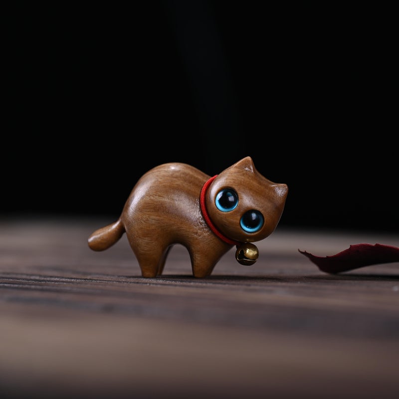 Sandalwood Kitten Ornaments Cute Animal Creative Mini Wooden Curious Cat Wen Play Handle Small Gift Gift - Image 1