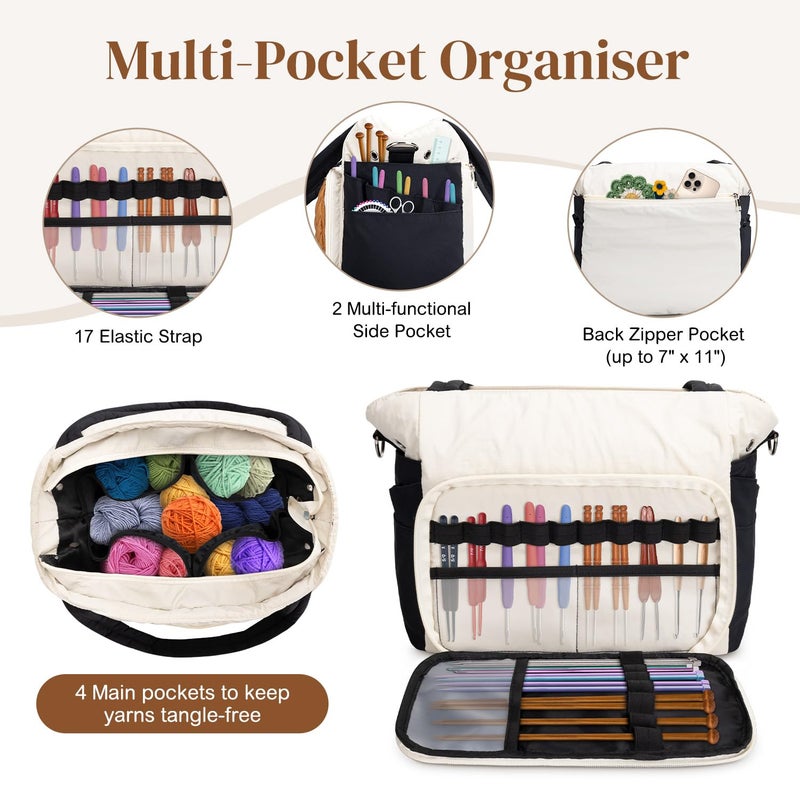 Dalinda Yarn Storage Bag Organizer Crochet Bag - Portable Yarn Bag & Knitting Craft Tote Multi-Pocket Design For Crochet Lovers Ideal Gift For Knitters (Brown) - Image 3