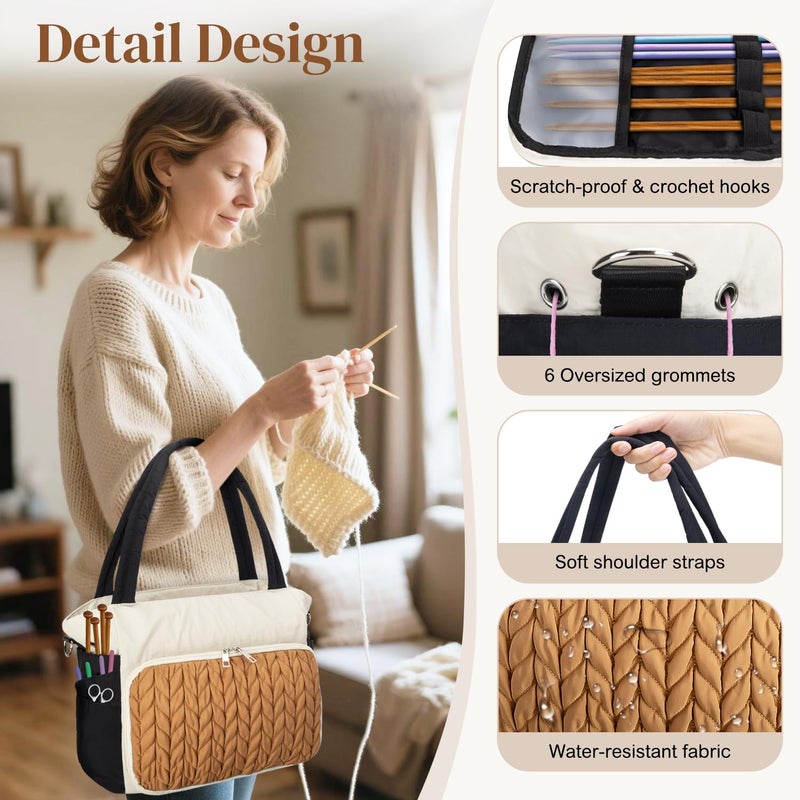 Dalinda Yarn Storage Bag Organizer Crochet Bag - Portable Yarn Bag & Knitting Craft Tote Multi-Pocket Design For Crochet Lovers Ideal Gift For Knitters (Brown) - Image 4
