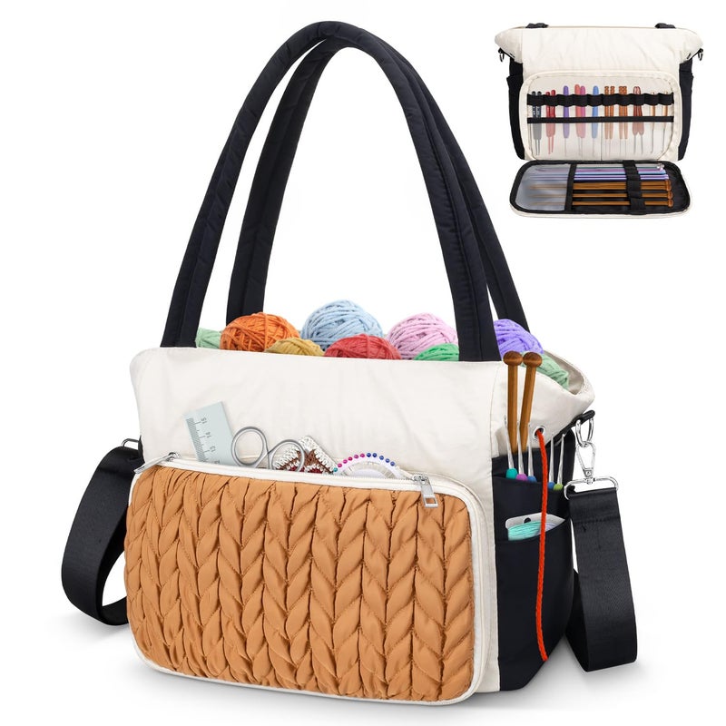 Dalinda Yarn Storage Bag Organizer Crochet Bag - Portable Yarn Bag & Knitting Craft Tote Multi-Pocket Design For Crochet Lovers Ideal Gift For Knitters (Brown) - Image 1