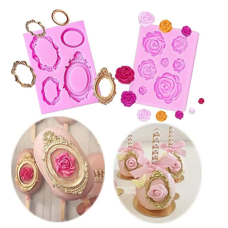 HUSAINI MART Multicolour Pack of 2 7 Cavity Rose Flower Cake Pop Mold 4 Cavity Vintage Royal Frames Cupcake Decoration Fondant Mold Chocolate Candle Wax Melts Mold - Image 1
