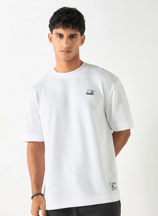 ستارتر تيشيرت بياقة مستديرة بتطريز شعار للمبتدئين بأكمام قصيرة