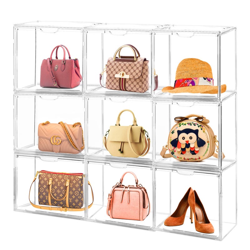 Cutora 3Pack Purse Organizer for Closet Clear Acrylic Display Case Handbag Storage Organizer Box with Magnetic Door Stackable Storage Bins with Dustproof Lid for Book Toys Shoes Cosmetic Collectibles