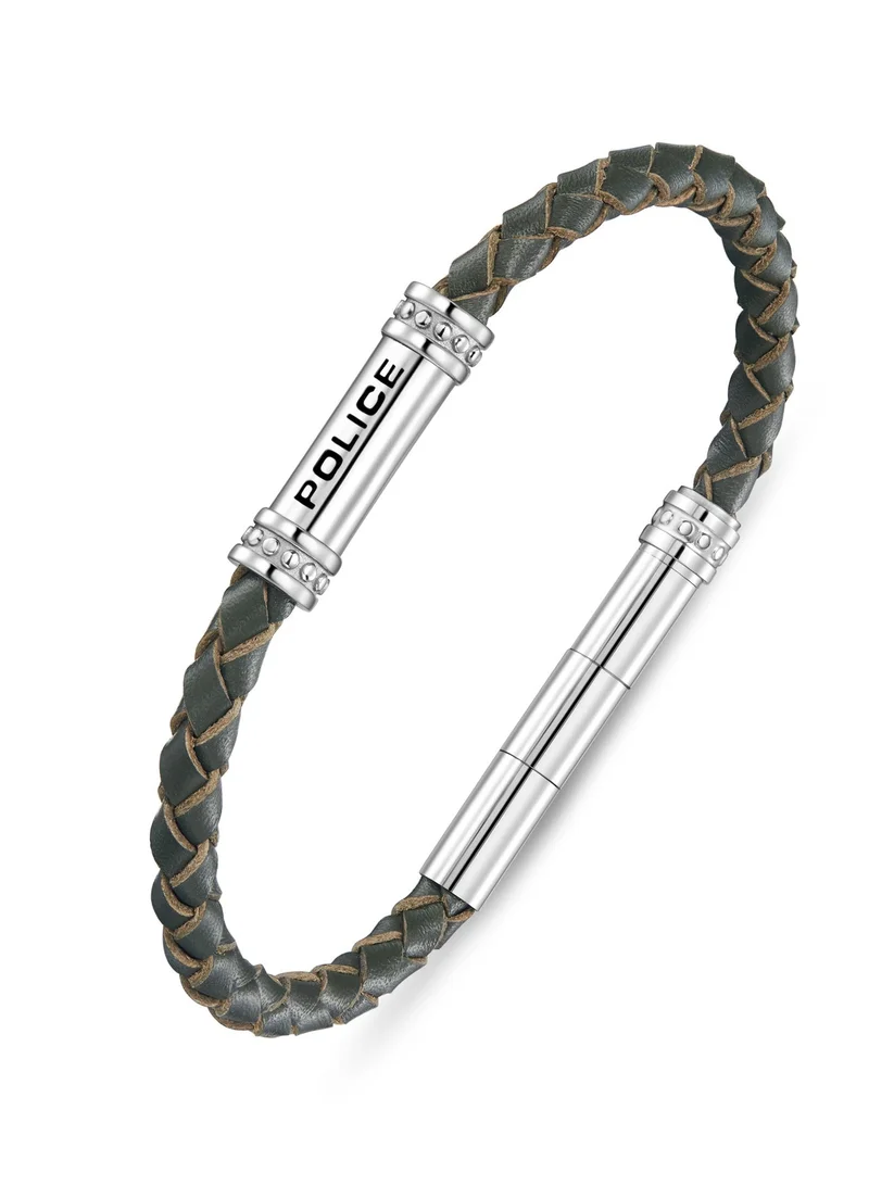 POLICE Barrell Green Braided Leather Bracelet For Men with Magnetic Lock