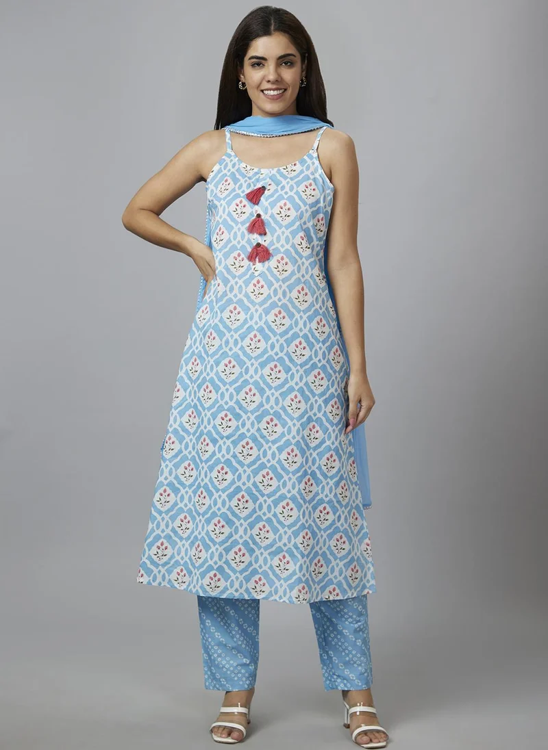 جلو باص Globus Women Turquoise Blue & White Printed Pure Cotton A-Line Kurta With Trousers & Dupatta